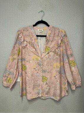 Zadig & Voltaire Tygg Print Glam Rock Blouse Pink Ruffle V-Neck Boho Top